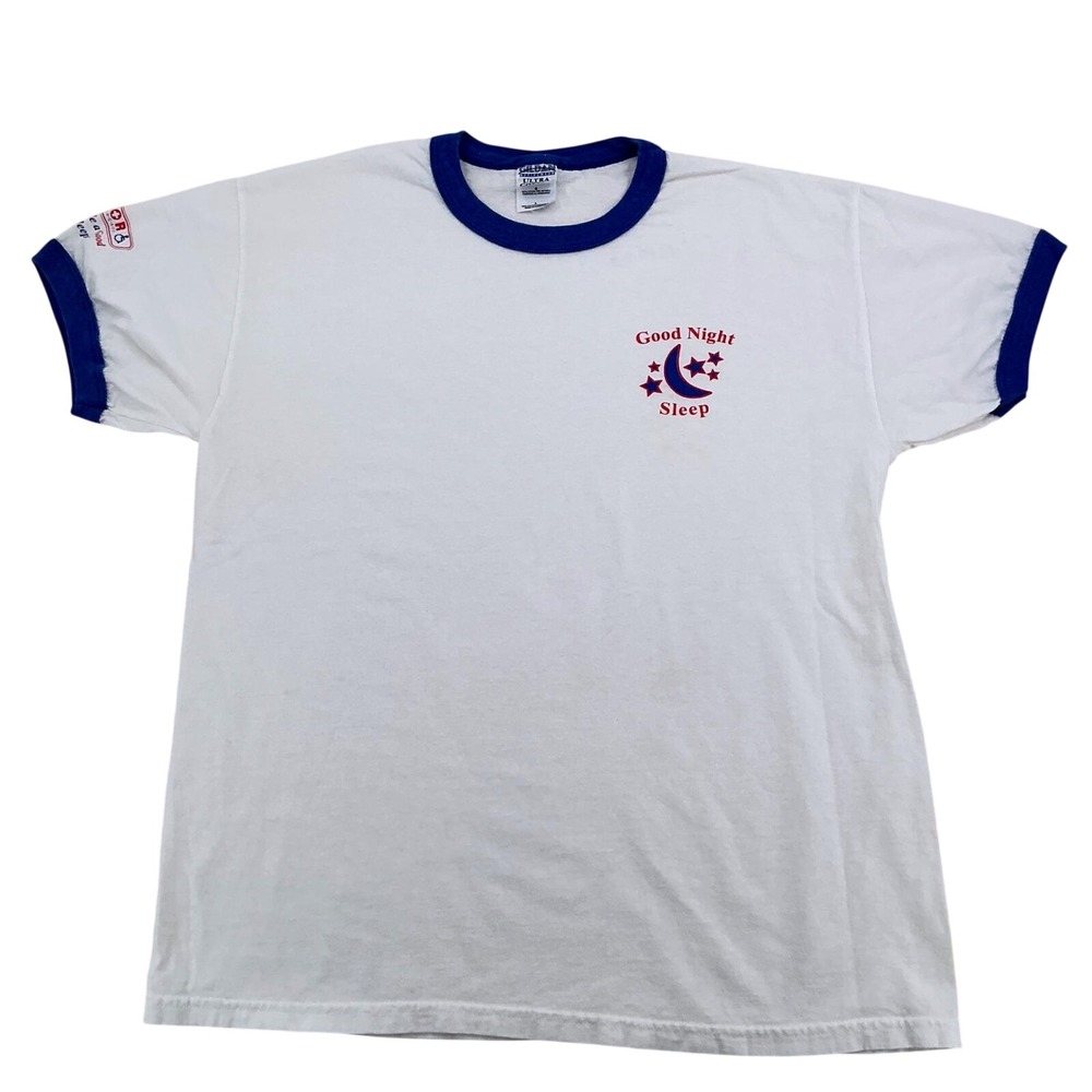 Gildan T-Shirt Mens L White Blue Ringer Good Night Sleep Moon Stars Vintage Y2K